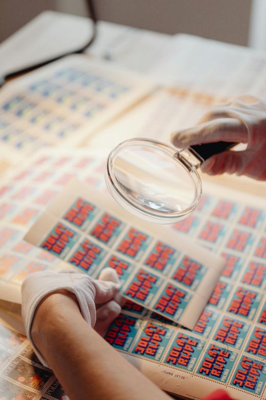 Handen die een vergrootglas gebruiken om kleurrijke bedrukte vellen papier op een tafel te inspecteren.