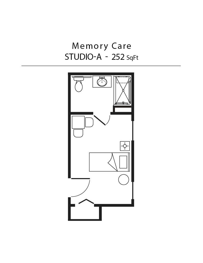 A black and white floor plan of a memory care studio.
