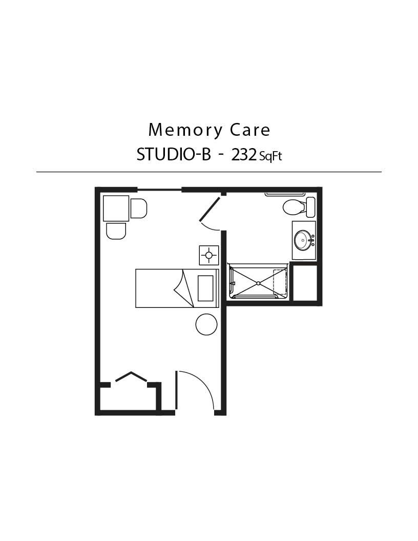 A black and white floor plan of a memory care studio.