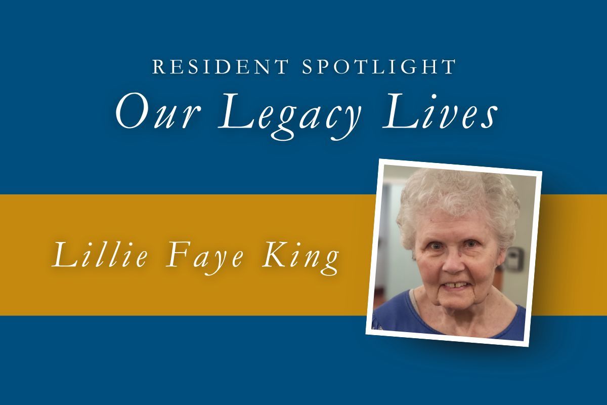 Resident spotlight: Lillie Faye King. Text on blue and gold banner, photo of smiling woman.