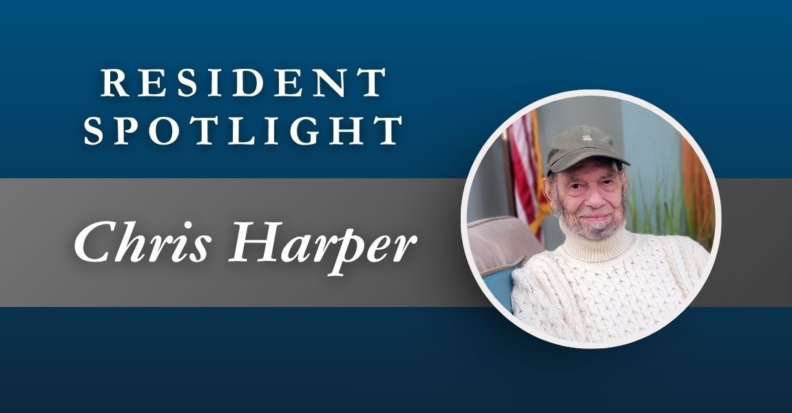 “Resident Spotlight” banner with a circular portrait and the name Chris Harper on a blue background