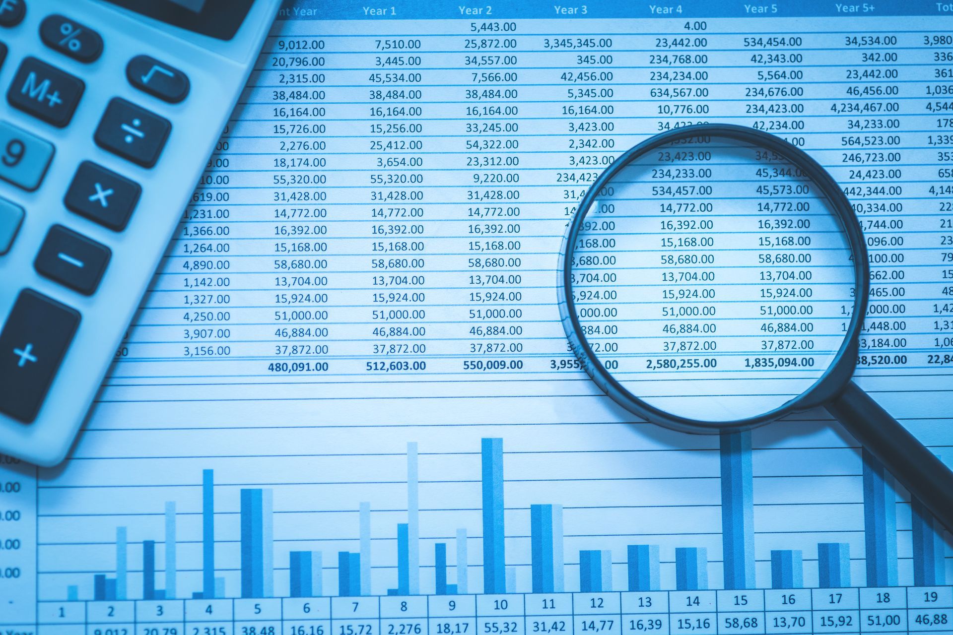 A magnifying glass is sitting on top of a graph next to a calculator.