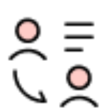 Two people, one above a curved arrow and one below, with three horizontal lines beside them.