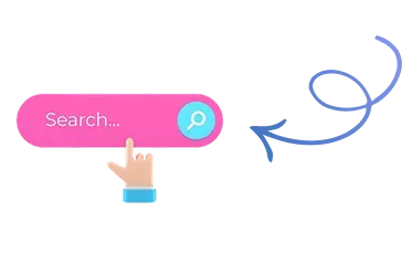 Pink search bar with a hand pointing at it; a blue arrow and swirl point to the search bar.