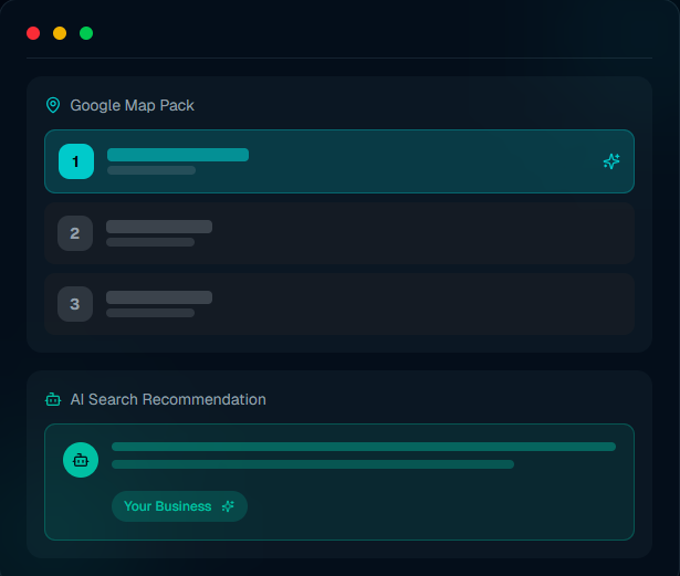 Dashboard with UI elements, progress bars, and search recommendation options in a teal and dark blue color scheme.