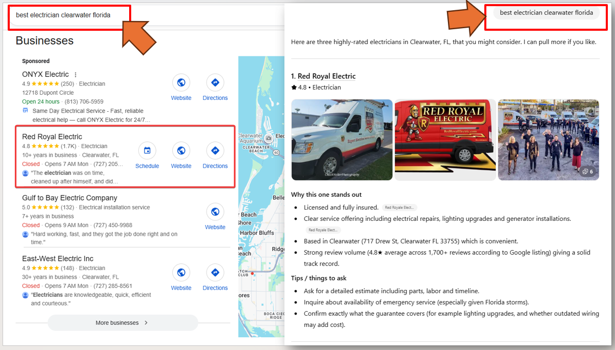 Google Business Profile search results: left panel shows local business details, right panel displays business information.