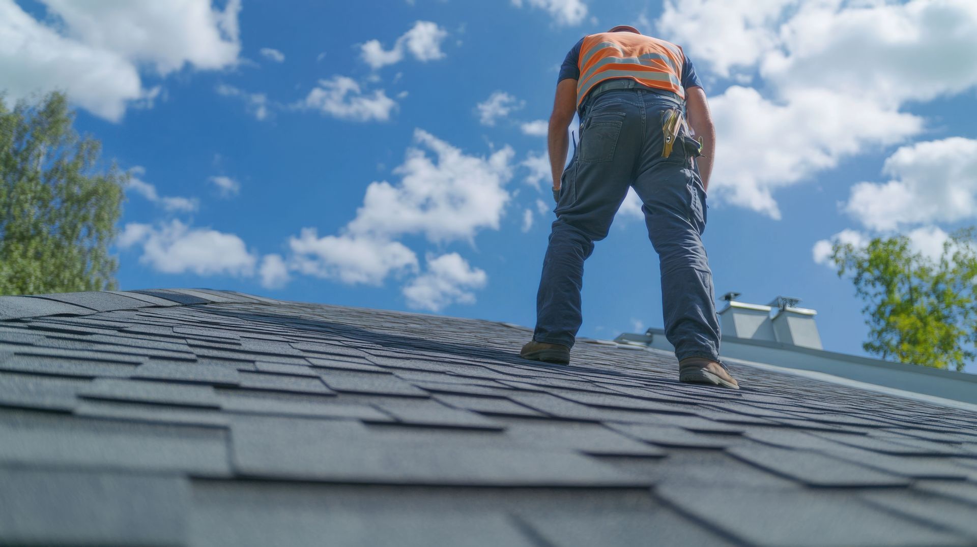 Roofer standing on a gray shingled roof, blue sky with clouds in the background.