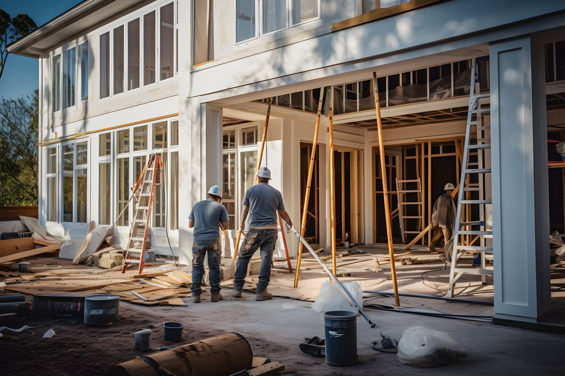 Construction workers building a white house. Scaffolding, ladders, tools, and materials are visible.