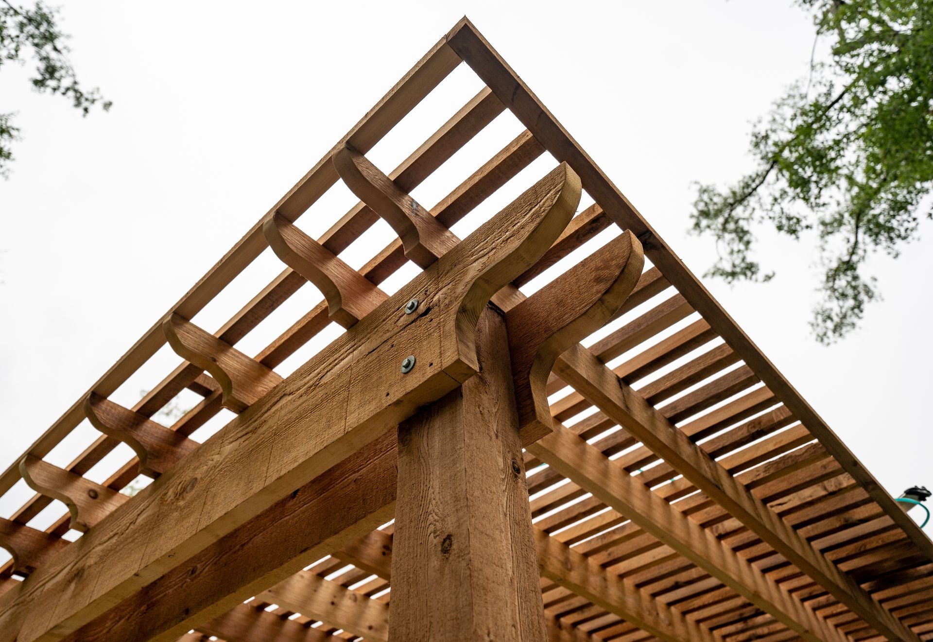 Wooden pergola beams viewed from below against a cloudy sky with tree branches at the edge