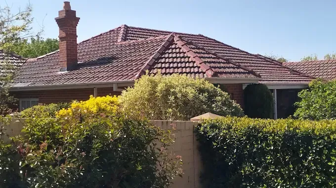 Single-story brick house with a red tiled roof, chimney, and lush front hedges in bright sunlight Single-story brick house with a red tiled roof, chimney, and lush front hedges in bright sunlight