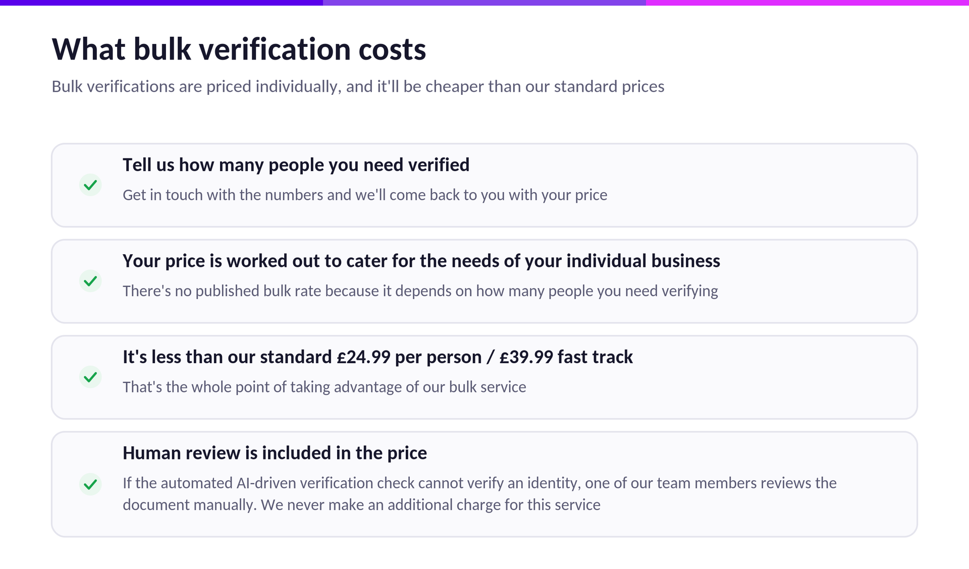 What bulk verification costs - the same prices, because the price is per person.