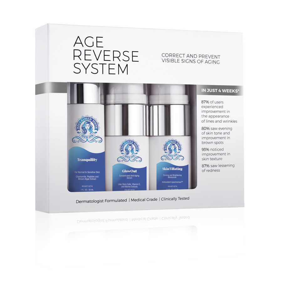 Age Reverse System skincare set with three blue-and-white bottles in a white box package