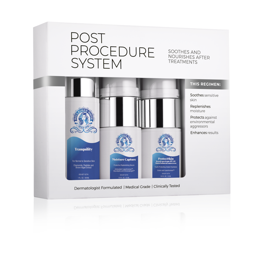 Post-procedure skincare set in white box with blue bottles and jars