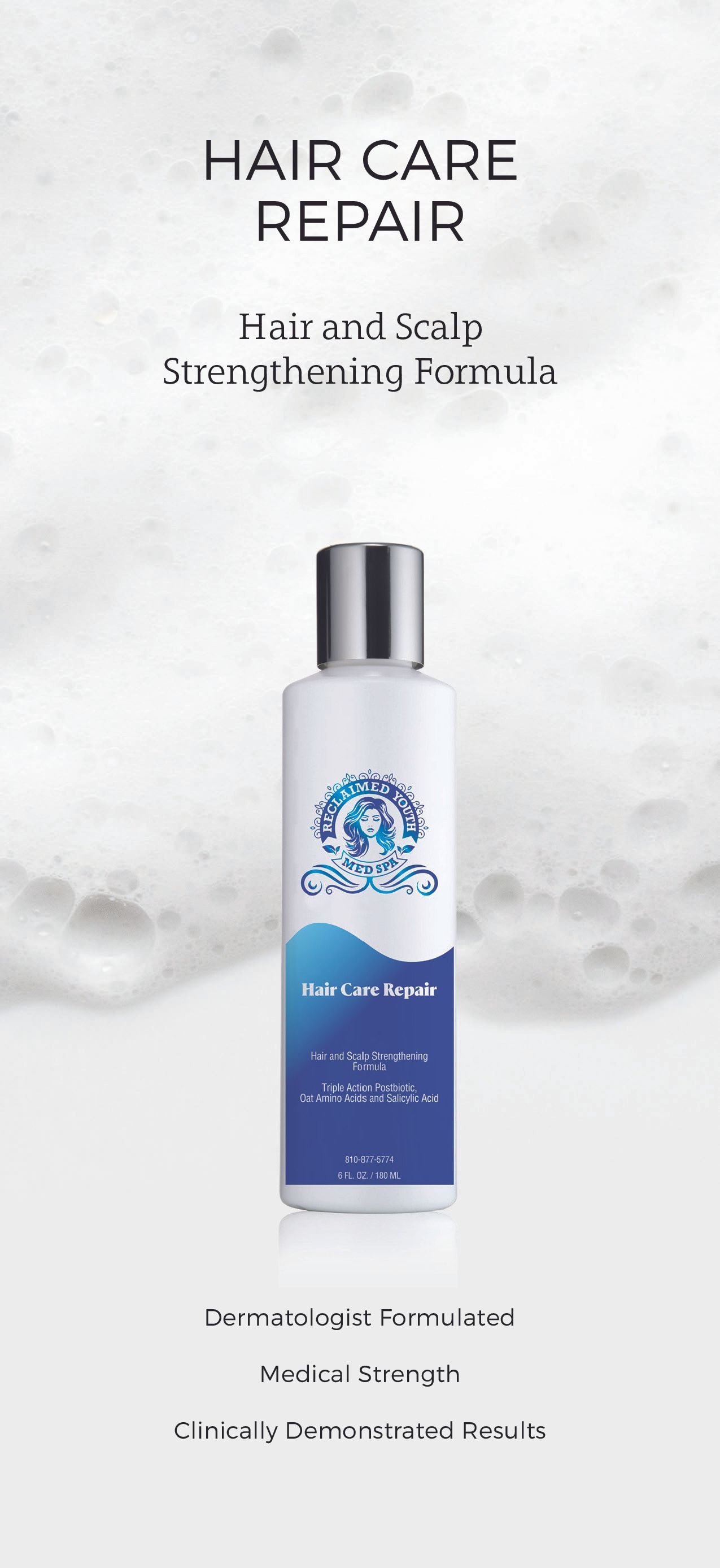 Hair Care Repair shampoo bottle with blue-and-white label on a light background, featuring a tree logo.