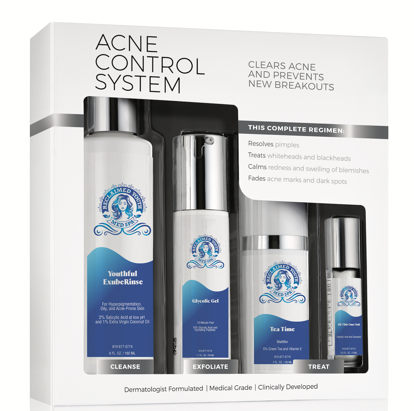 Skincare acne control system kit with four white-and-blue products in a display box