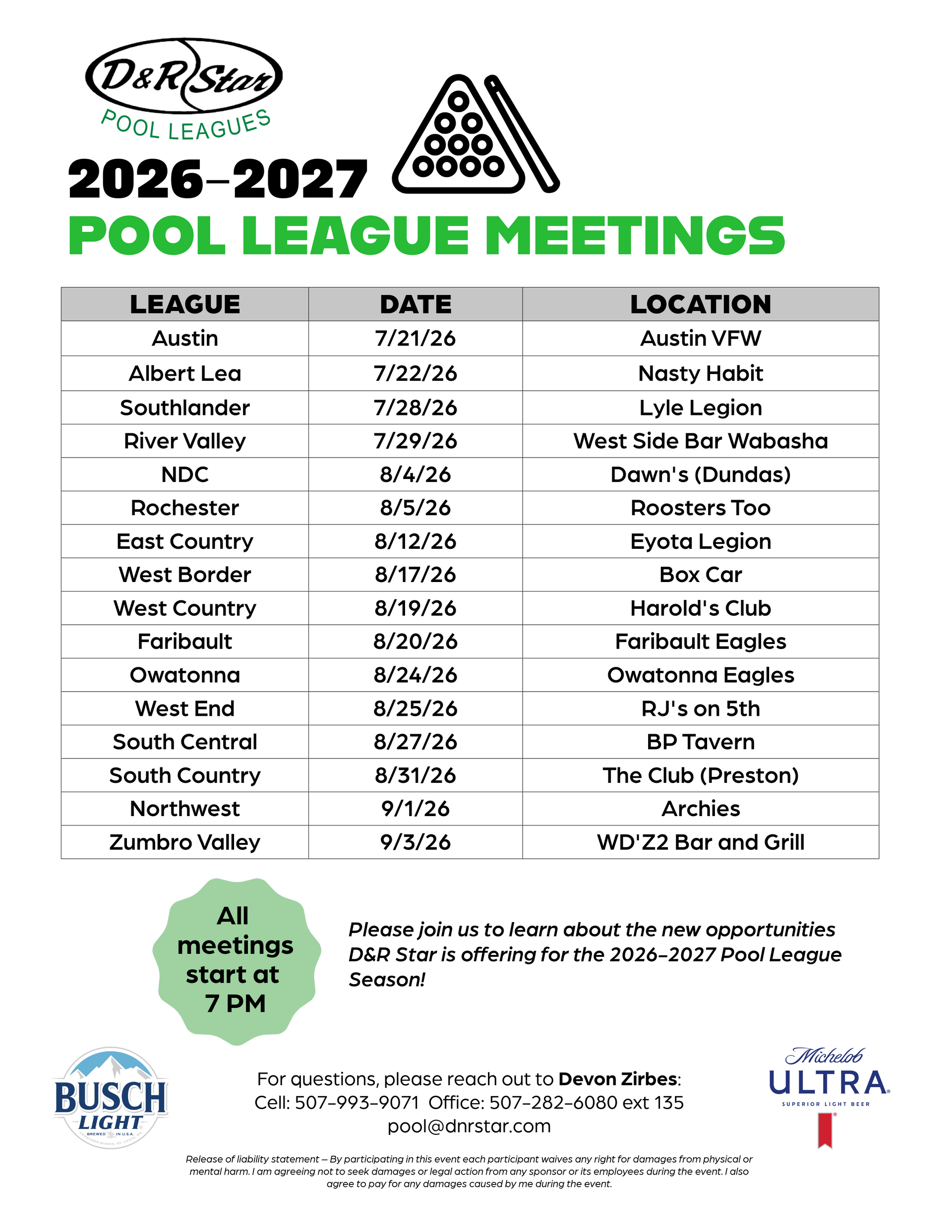 2026-2027 Pool League Meetings for D&R Star