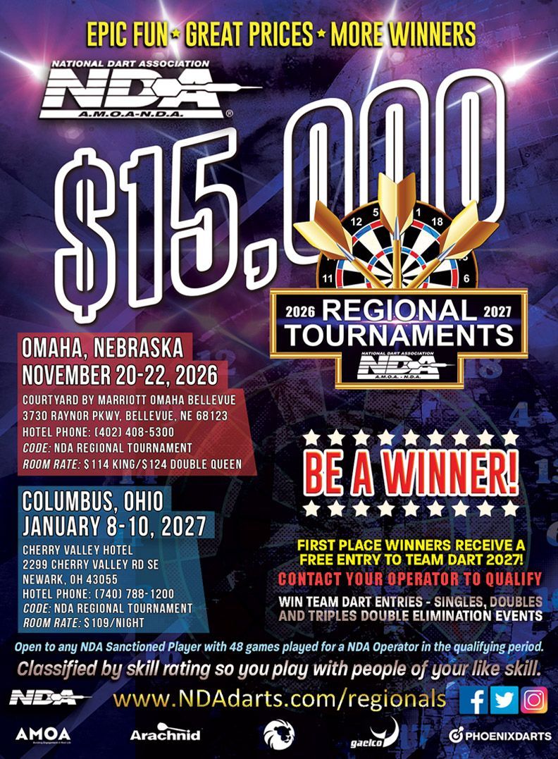 Dart tournament schedule. Shows dates, locations, and hosts for upcoming events in Minnesota, Nevada, and Iowa.