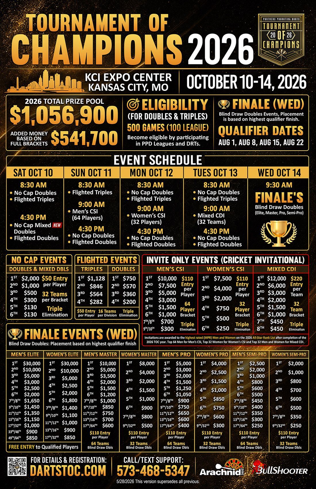 Dart tournament schedule. Shows dates, locations, and hosts for upcoming events in Minnesota, Nevada, and Iowa.