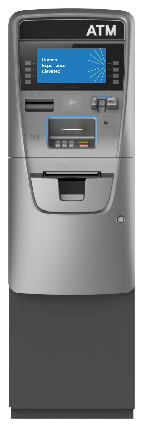 An ATM machine with a blue screen displaying options. It is gray, with a card slot and cash dispenser.