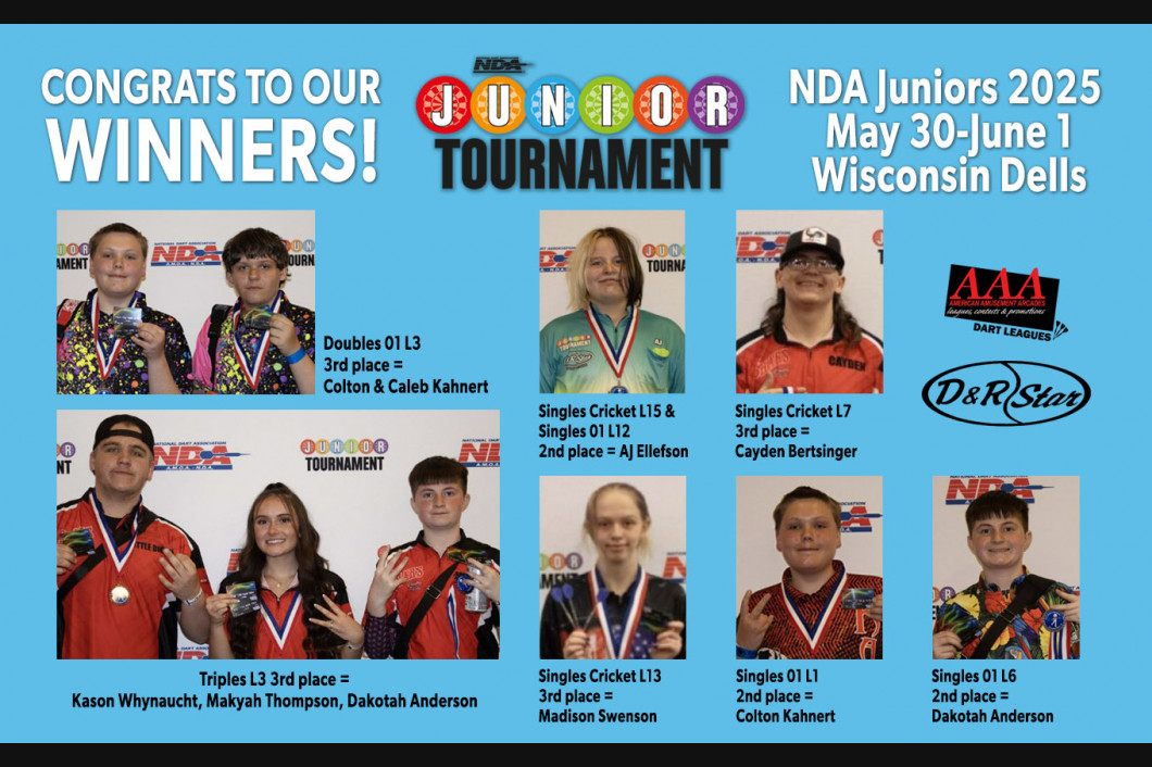 Winners of NDA Juniors 2025 tournament in Wisconsin Dells. Photos of winning teams and individuals with medals. Blue background.