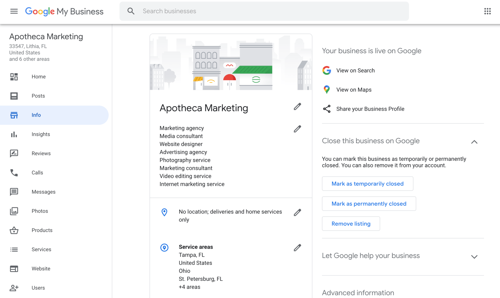 Google My Business information panel
