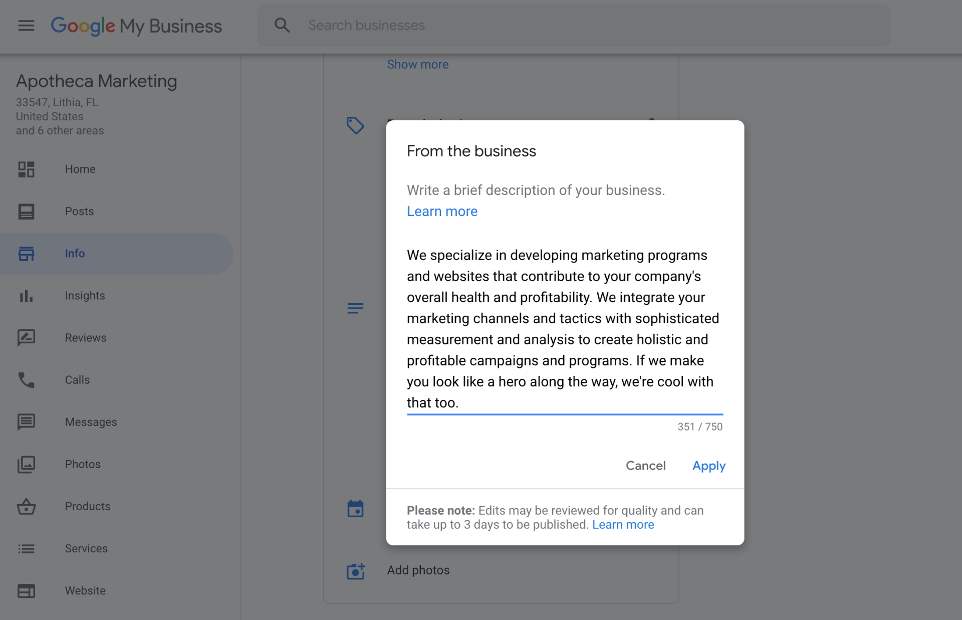 Google My Business description example