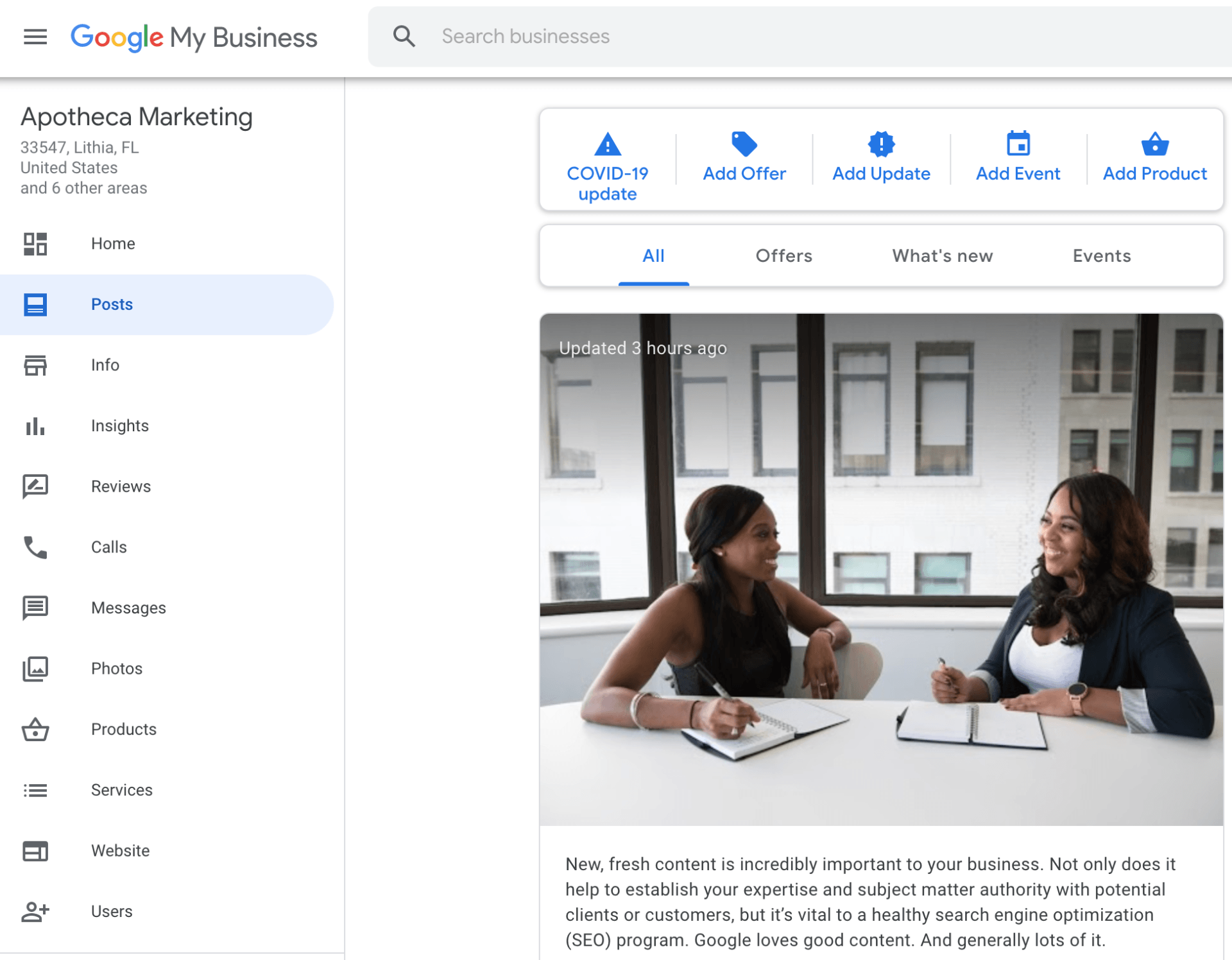 Google My Business posts interface