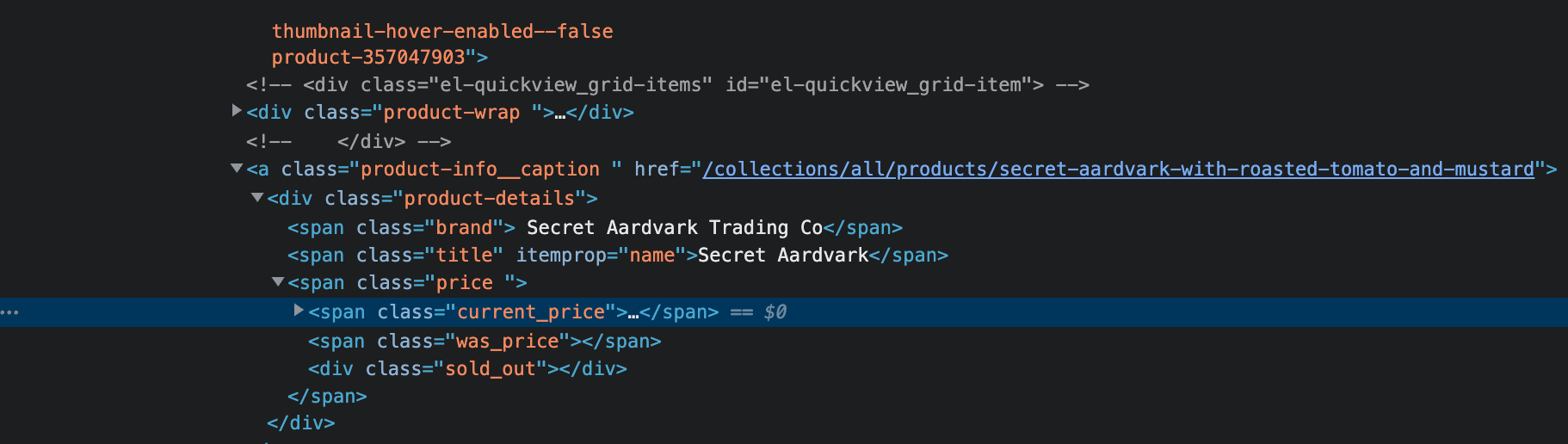 HTML for current price on the page