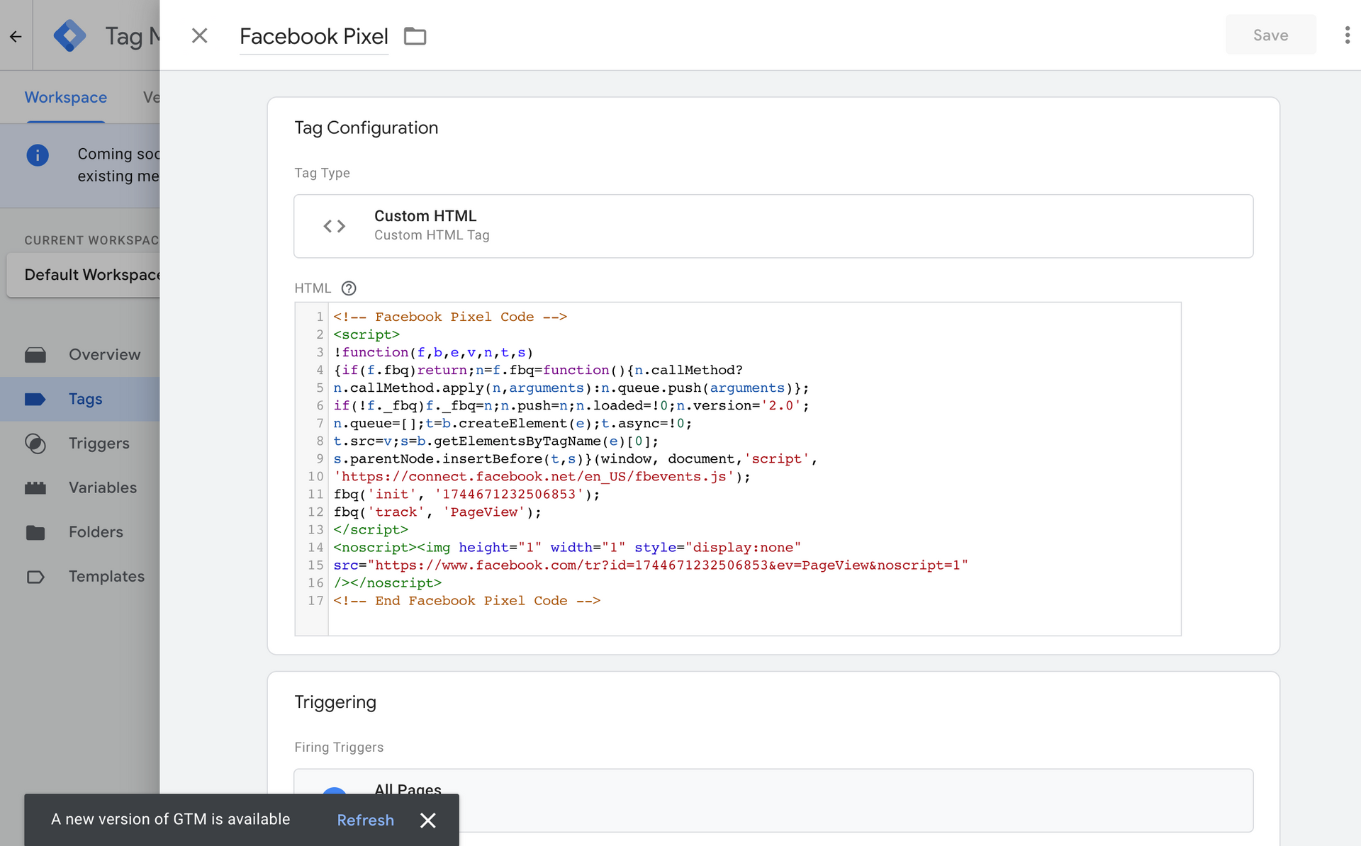 Facebook pixel in GTM