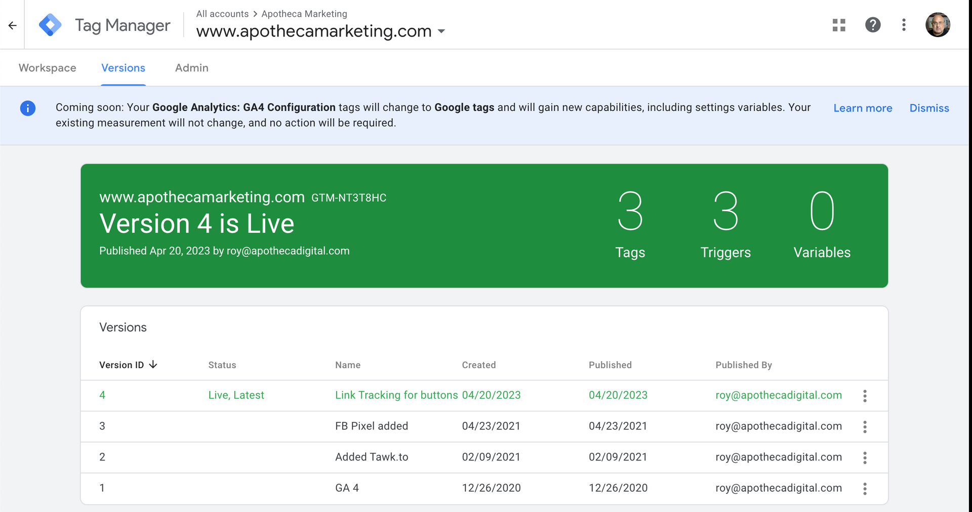 Version control in GTM