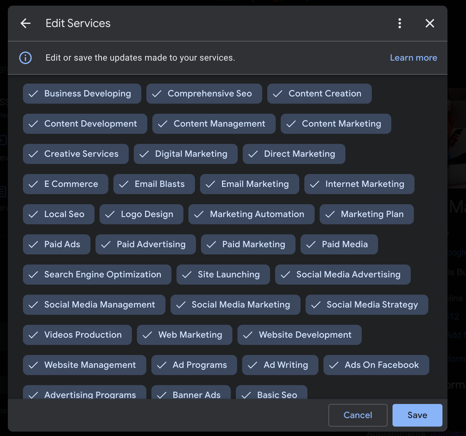 Google business profile categories options