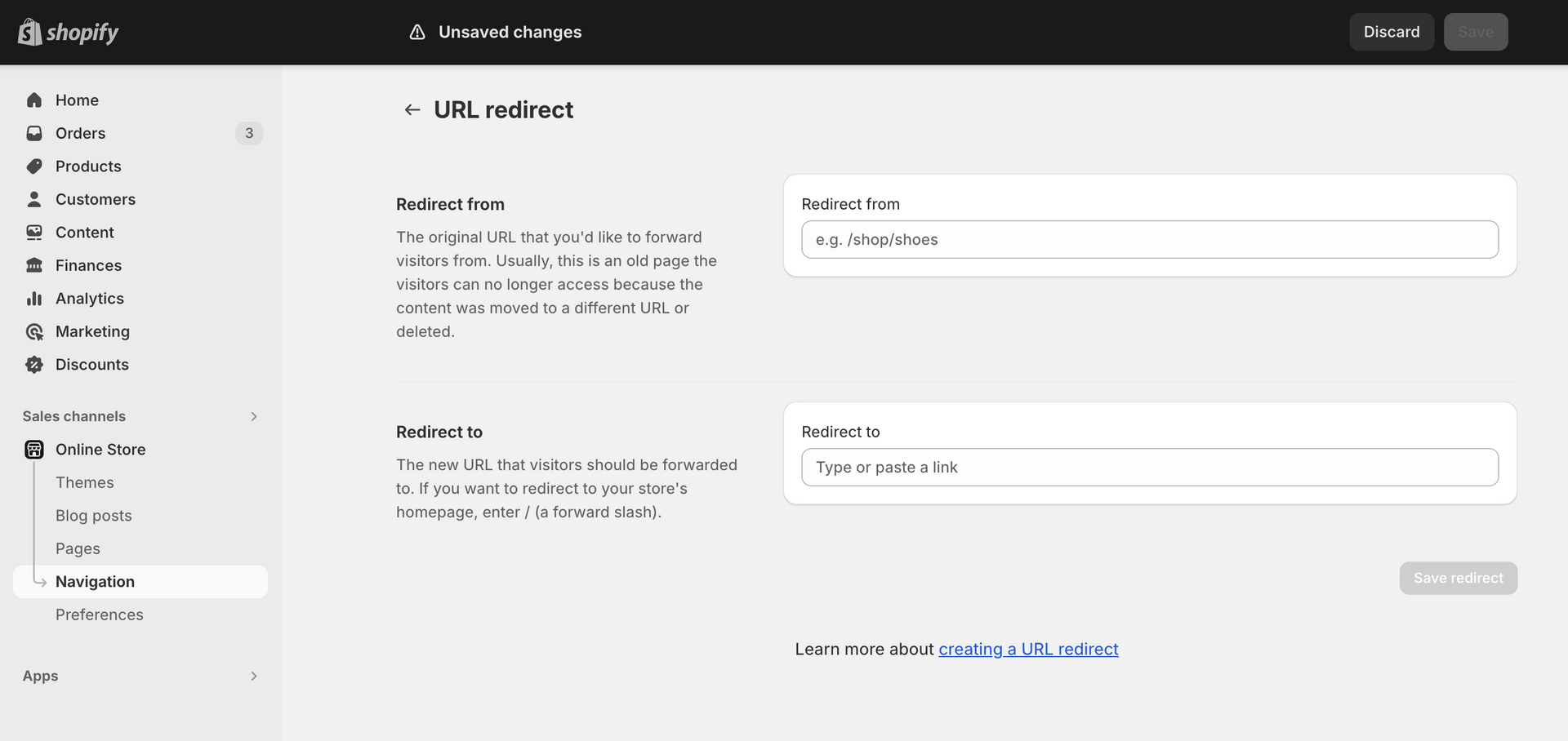 301 redirect screen in Shopify