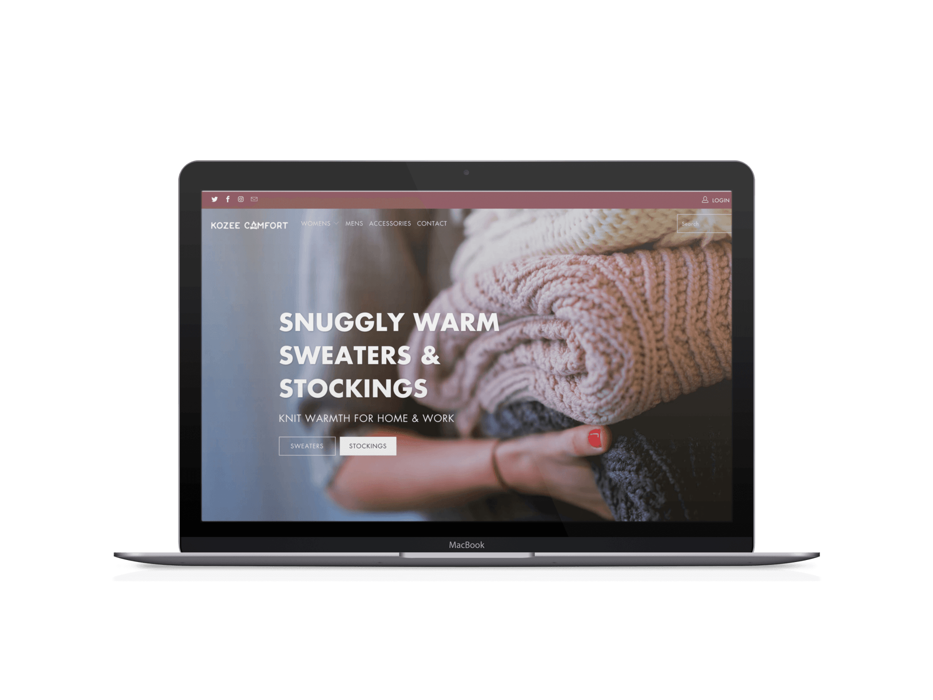 A laptop computer is displaying a website for snuggly warm sweaters and stockings.