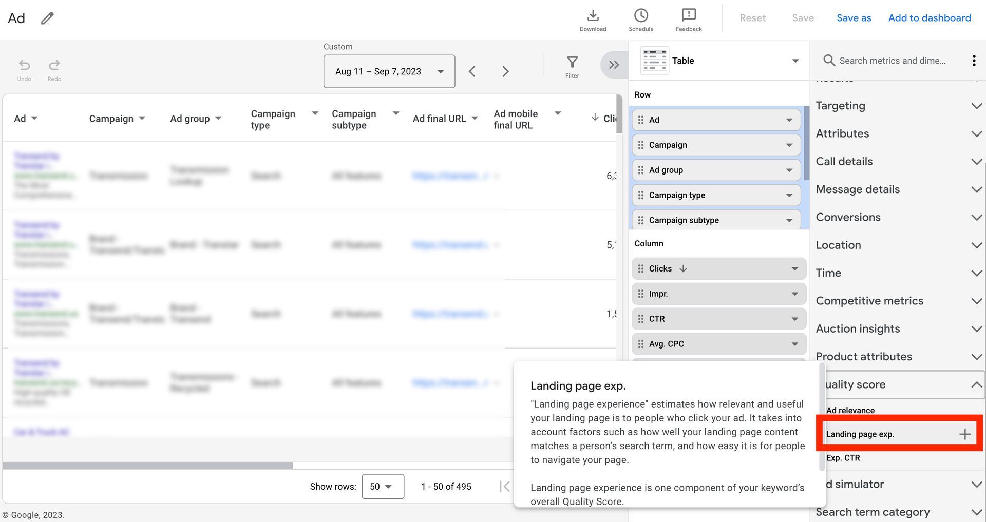 Landing page experience in the reports section
