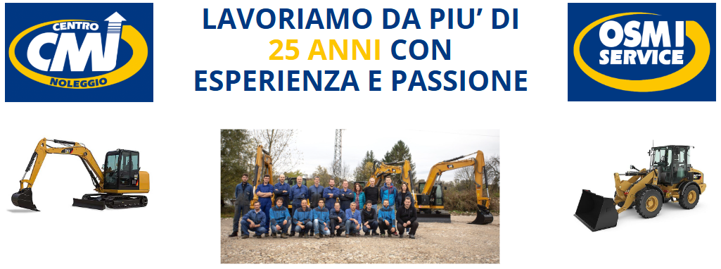 Una pubblicità che promuove 25 anni di esperienza nel settore dei macchinari pesanti.