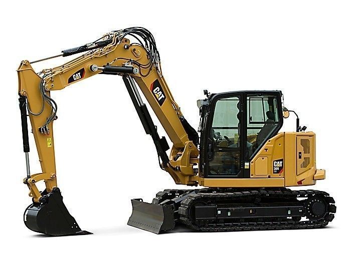 Miniescavatore Caterpillar giallo su cingoli, con benna abbassata.