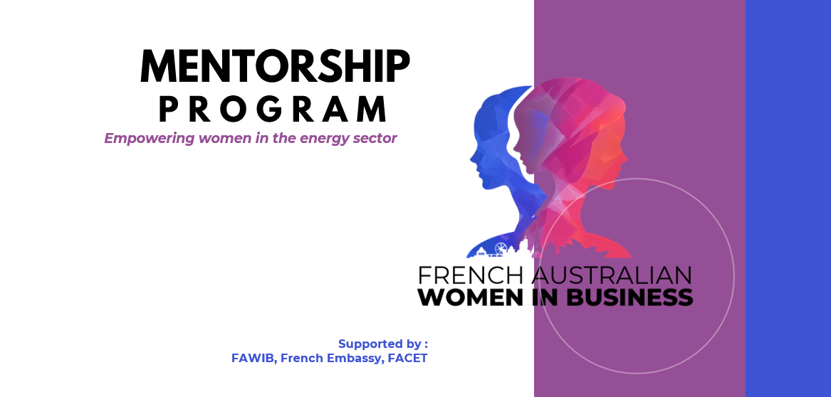 Mentorship program for French-Australian women in business. Features silhouette portraits in blue, pink, and red.