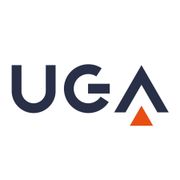 The logo for uga is a blue and orange logo with an orange triangle in the middle.