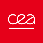 A white cea logo on a red background