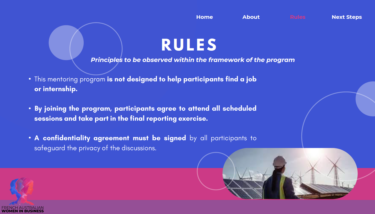 A blue slide with white text about program rules and a photo of a person in front of solar panels and wind turbines.