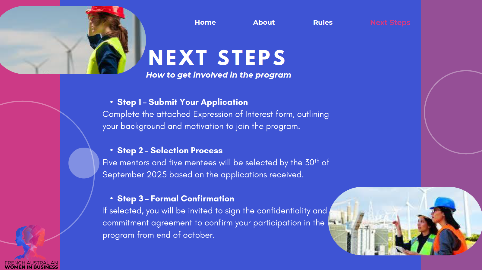 A webpage outlining the next steps for a program with photos of women at a wind farm.