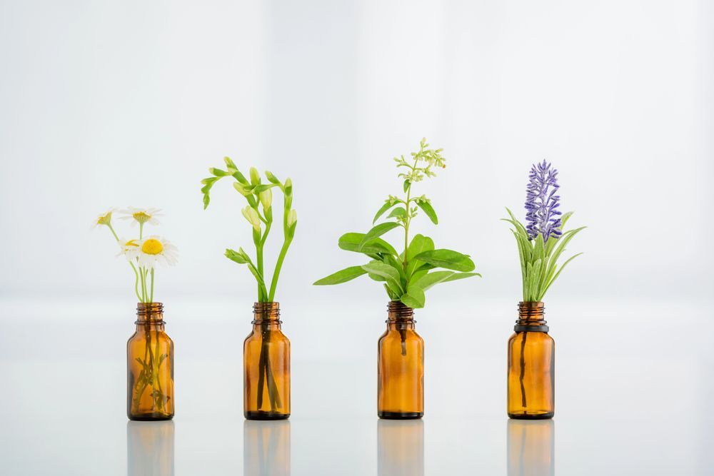 Quattro bottiglie di vetro ambrato, ciascuna contenente erbe e fiori diversi, su uno sfondo bianco.