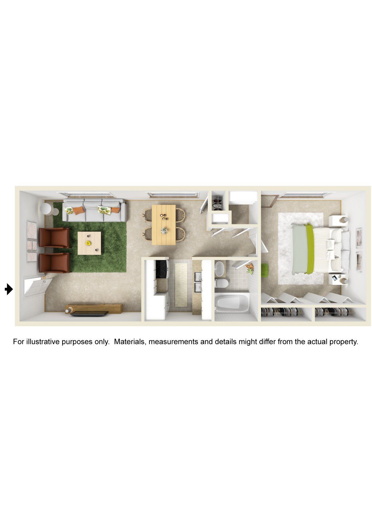An aerial view of a floor plan of a small apartment.