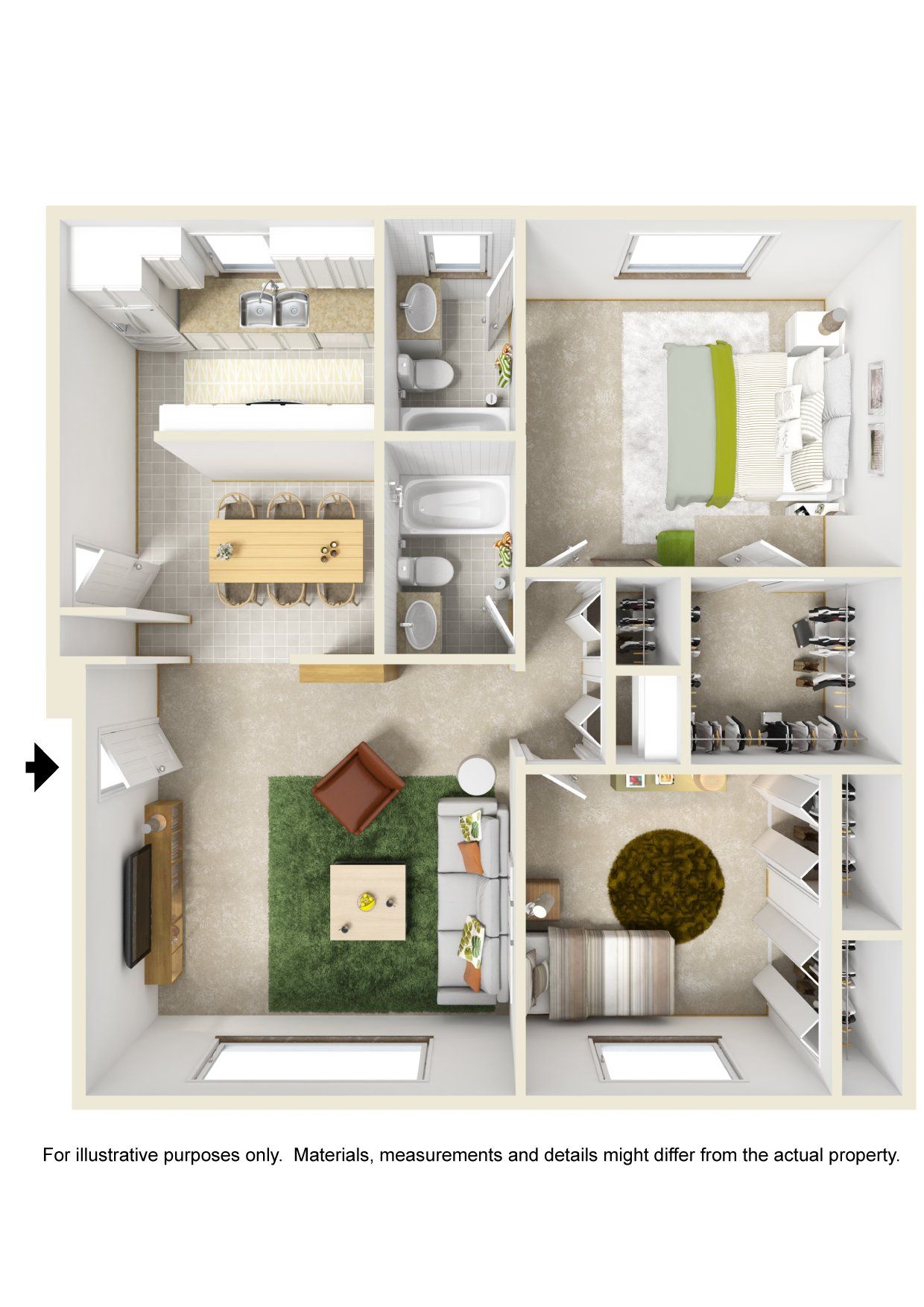 A 3d floor plan of a house with a living room , bedroom , and bathroom.