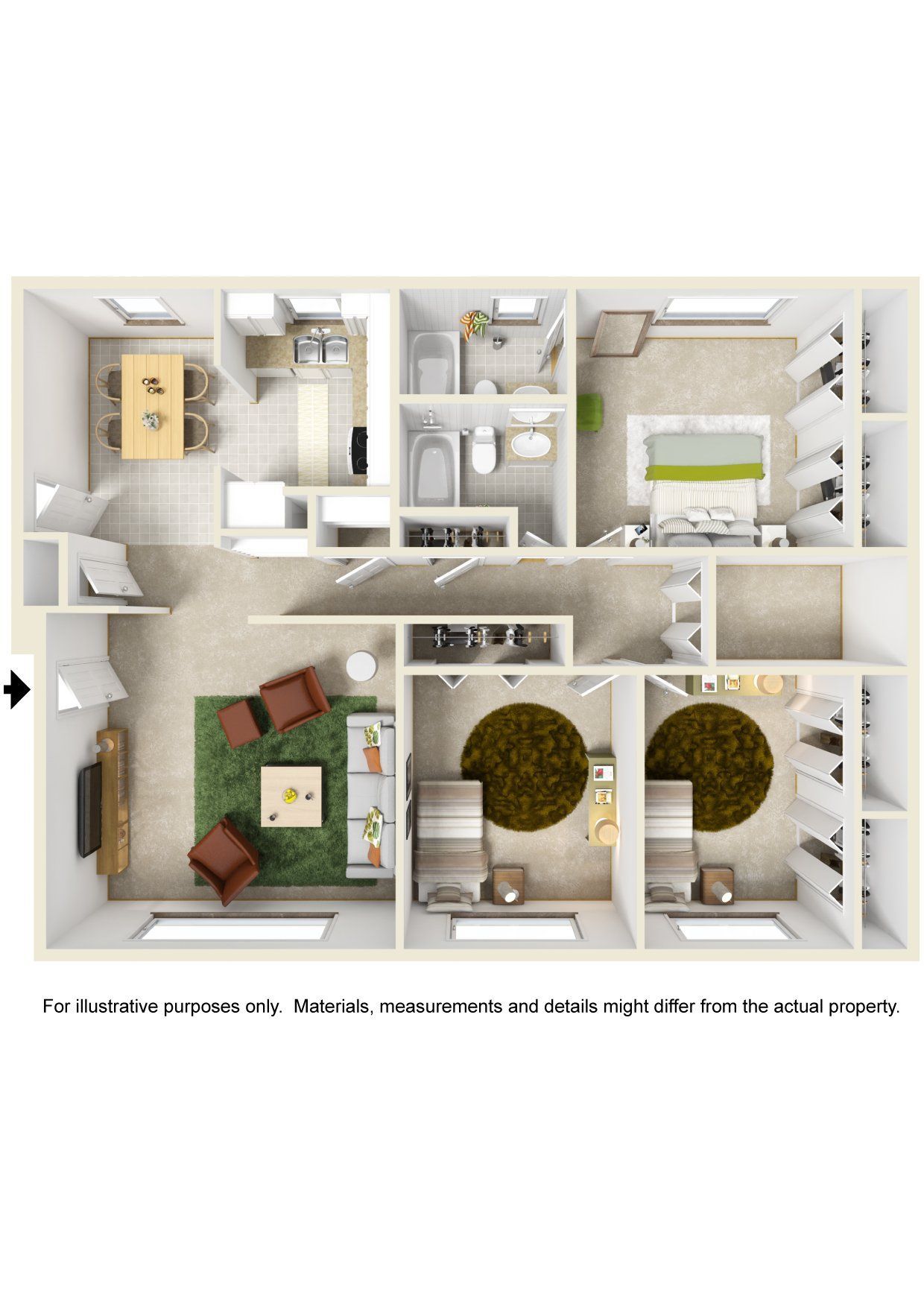 A 3d floor plan of a house with a living room , dining room , bedroom and bathroom.