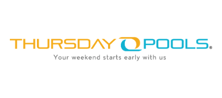 Thursday Pools logo with gold and teal text and a circular icon, accompanied by the slogan