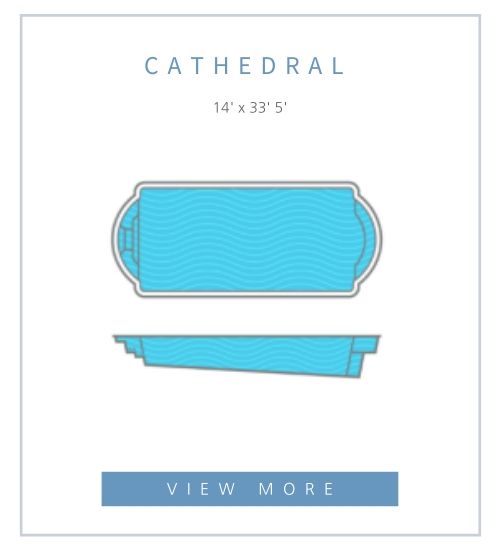 A top-down and side profile view of a rectangular, blue Cathedral-style swimming pool labeled 14’ x 33’ 5”.