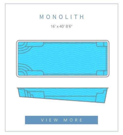 Technical drawing of a Monolith rectangular swimming pool, 16' x 40', showing top-down and side-profile depth views.