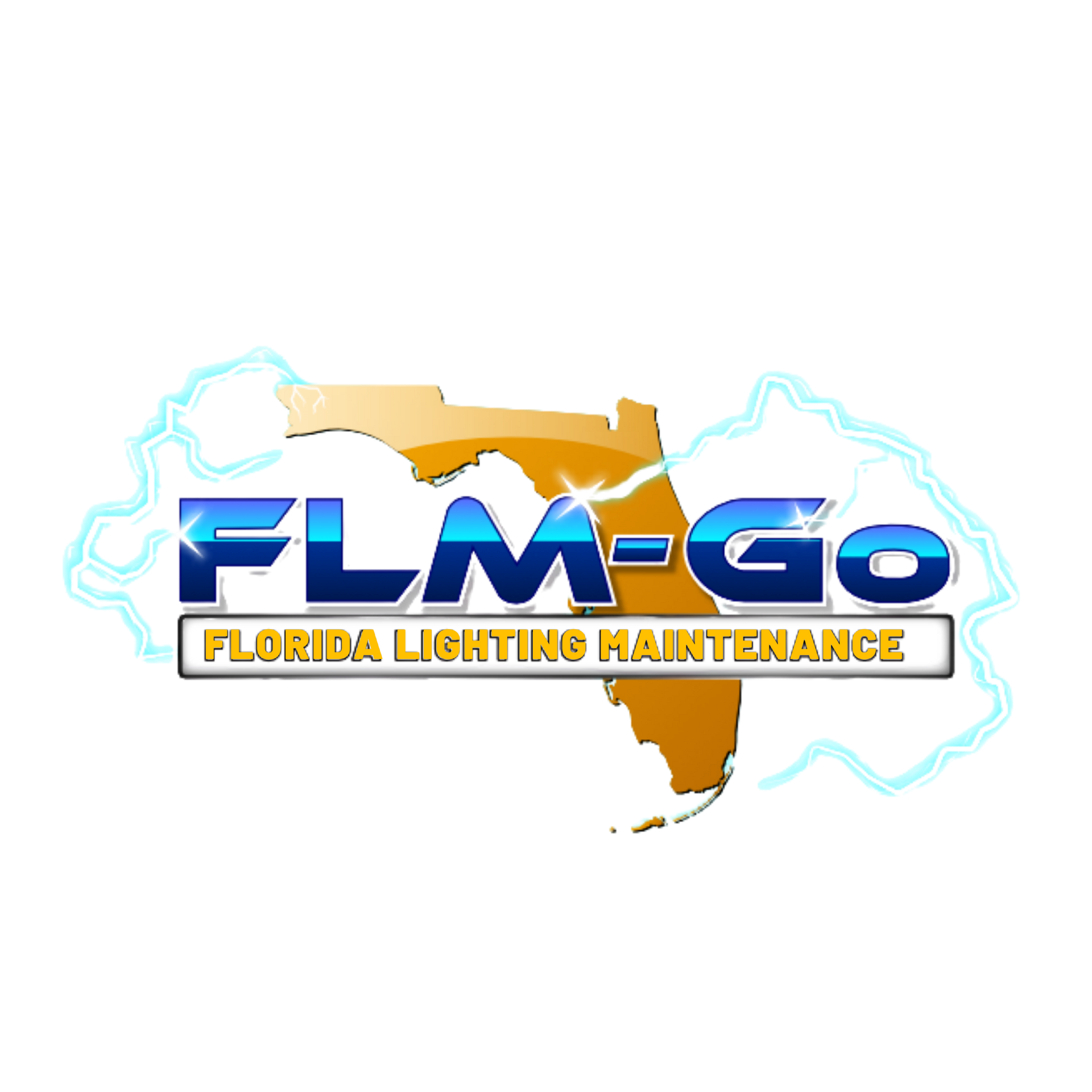 Logo for FLM-GO, Florida Lighting Maintenance. Florida shape in orange, text in blue, outlined by lightning.