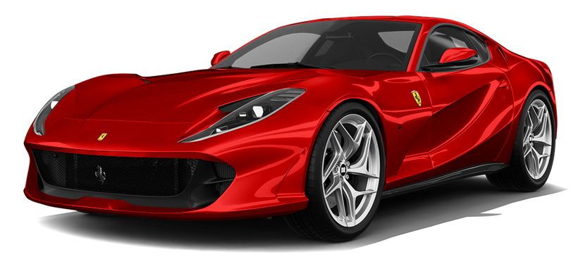 Red Ferrari sports car on a white background, angled front view.